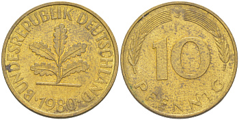 ФРГ 10 ПФЕННИГОВ 1980 J KM 108, J. 383 сталь плакированная латунью 4182-922