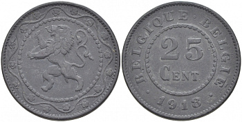 БЕЛЬГИЯ 25 САНТИМОВ 1918 BELGIQUE-BELGIE, ГЕРМАНСКАЯ ОККУПАЦИЯ, ПЕРВАЯ МИРОВАЯ ВОЙНА KM 82 цинк 3718-551