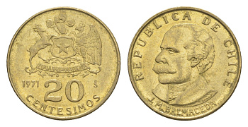 Чили 20 сентесимо 1971 KM 195 алюминиевая бронза UNC 4651-528