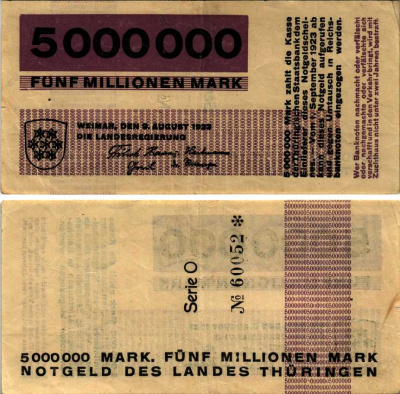 ГЕРМАНИЯ 5000000 МАРОК 1923 9 АВГУСТА 1923, ТЮРИНГИЯ, НОТГЕЛЬД, СЕРИЯ О, ЛИЛОВАЯ KELLER 20, GRABOWSKI THU 17b бумага 444-144-1