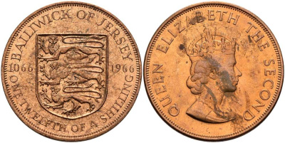 Джерси 1/12 шиллинга 1966 900 лет Нормандскому завоеванию KM 26 бронза UNC 4512-336