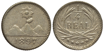 Гватемала 1/4 реала 1897 5 звезд, Испанское правление KM 162 серебро 4549-1025