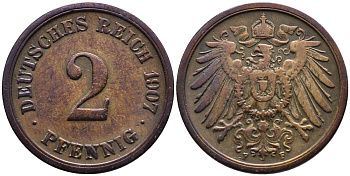 ГЕРМАНИЯ 2 ПФЕННИГА 1907 F KM 16, Jager 11, Weege 4 медь 4546-644