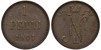 РОССИЯ ДЛЯ ФИНЛЯНДИИ 1 ПЕННИ 1901 НИКОЛАЙ II Биткин 462 медь 3309-825