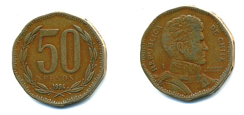 Чили 50 песо 1994 Бернардо О’Хиггинс KM 219.2 алюминиевая бронза 36-241