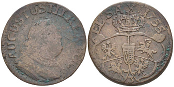Польша 3 сольди (1 грош) 1755 J, Фридрих Август III (1733-1763), вес 3,54 гр. KM 147.1 (C2) медь 1517-1113