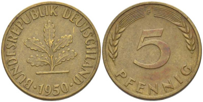 ФРГ 5 ПФЕННИГОВ 1950 F KM 107, J. 382 сталь плакированная латунью 66-759