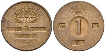 Швеция 1 эре 1971 TS, Густав VI Адольф (1950-1973) KM 820 бронза 4564-735