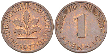 ФРГ 1 ПФЕННИГ 1977 G KM 105, J. 380 сталь плакированная медью 4181-626
