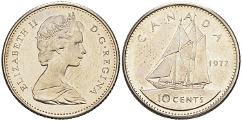Канада 10 центов 1972 Елизавета II, парусник, второй портрет в короне KM 77.1 никель UNC 188-149