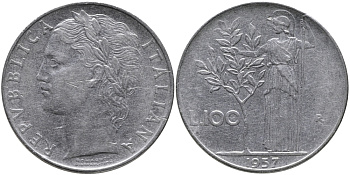 ИТАЛИЯ 100 ЛИР 1957 R, АФИНА KM 96.1 нержавеющая сталь 97-541