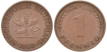 ФРГ 1 пфенниг 1950 D KM 105, J.380 сталь плакированная медью 4174-439