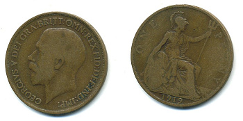 Великобритания 1 пенни 1919 Георг V (1910-1936) КМ 810, Spink 4051 бронза 4110-216