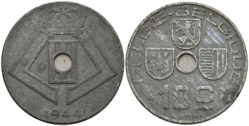 Бельгия 10 сантимов 1944 Belgie - Belgique, Леопольд III (1934-1947), германская оккупация, Вторая мировая война KM 126 цинк 4161-344