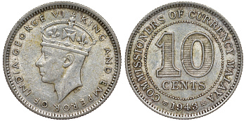 Британская Малайя 10 центов 1943 Георг VI (1937-1952) KM 4a серебро 53-232