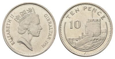 Гибралтар 10 пенсов 1991 KM 23.1 медно-никель UNC 4666-324