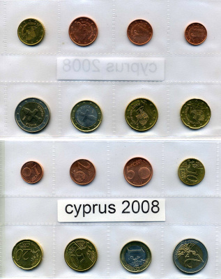 Кипр евронабор из 8 монет 2008 1, 2, 5, 10, 20, 50 евроцентов, 1, 2 евро биметалл UNC 966-1-2