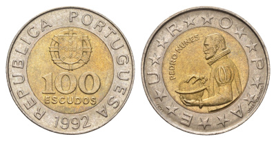 Португалия 100 эскудо 1992 Педру Нуниш (1502-1578), математик KM 645 биметалл aUNC 4678-823
