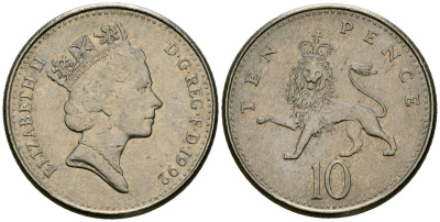 Великобритания 10 пенсов 1992 Елизавета II (1952-2022) KM 938b, Spink 4367 (F4) медно-никель 4167-1251