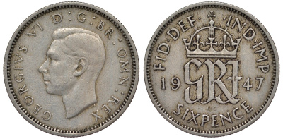 Великобритания 6 пенсов 1947 Георг VI (1936-1952) KM 862, Spink 4105 медно-никель 4128-822