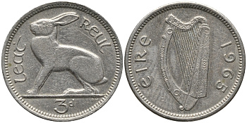 Ирландия 3 пенса 1965 заяц KM 12а медно-никель 4387-1044