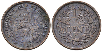 Нидерланды 1/2 цента 1928 Вильгельмина (1890-1948) KM 138 бронза 4576-448
