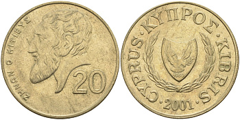 Кипр 20 центов 2001 KM 62.2 никель латунь 4140-913