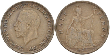 Великобритания 1/2 пенни 1928 Георг V (1910-1936) KM 837, Spink 4058 бронза 4513-434