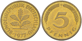 ФРГ 5 ПФЕННИГОВ 1977 G KM 107, J. 382 сталь плакированная латунью 4181-954