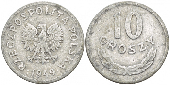 ПОЛЬША 10 ГРОШЕЙ 1949 KM 42а алюминий 4549-254