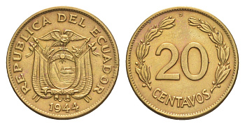Эквадор 20 сентаво 1944 KM 77.1a латунь aUNC 4640-1217