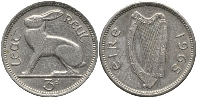 Ирландия 3 пенса 1965 заяц KM 12а медно-никель 4387-1044