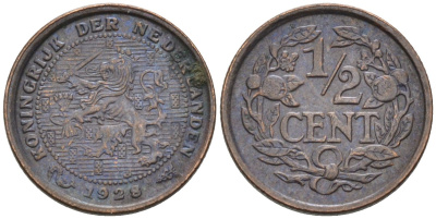 Нидерланды 1/2 цента 1928 Вильгельмина (1890-1948) KM 138 бронза 4576-448