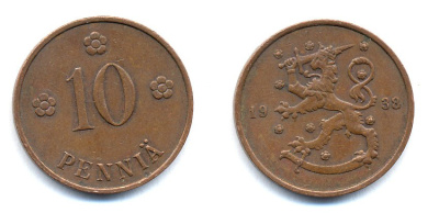 Финляндия 10 пенни 1938 KM 24 медь 51-5643