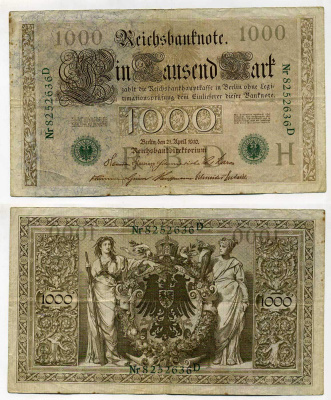 Германия 1000 марок 1910 зеленая печать, 7 значный номер Pick 45 b  бумага   8610-44-1-1
