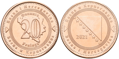 Босния и Герцеговина 20 фенигов 2021 KM 116 сталь плакированная медью UNC 4514-1034