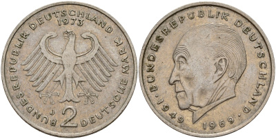 ФРГ 2 марки 1973 J, Конрад Аденауэр KM 124, J. 406 медно-никель 4159-1231