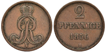 Брауншвейг-Каленберг-Ганновер 2 пфеннига 1856 B, Георг V (1851-1866) KM 217,  AKS152, J. 84 медь 4142-153