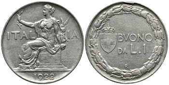 ИТАЛИЯ 1 ЛИРА 1922 R, ВИКТОР ИМАНУИЛ III (1900-1946) KM 62 никель 34-1237