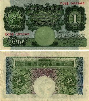 АНГЛИЯ 1 ФУНТ 1949-1955 ЗЕЛЕНЫЙ, ПОДПИСЬ P.S. BEALE Pick 369b бумага XF 7183-32-3-2