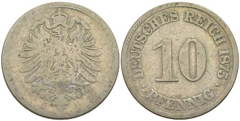 ГЕРМАНИЯ 10 ПФЕННИГОВ 1875 А, СТАРОГЕРБОВКА KM 4, J. 4 медно-никель 210-622