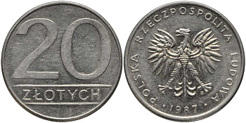 ПОЛЬША 20 ЗЛОТЫХ 1987 MW KM 153.1 медно-никель 180-436