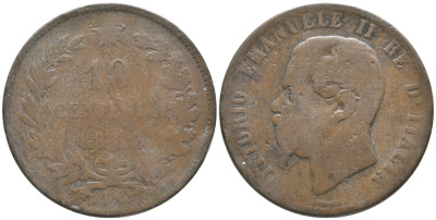 ИТАЛИЯ 10 ЧЕНТЕЗИМО 1863 ВИКТОР ИМАНУИЛ II (1861-1878) KM 11.2 медь 32-546