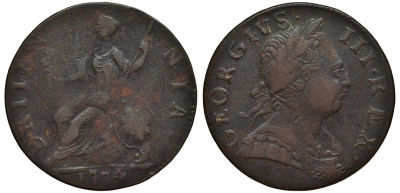 Великобритания 1/2 пенни 1774 Георг III (1760-1820) KM 601, Spink 3774 медь 1523-941