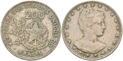 Бразилия 200 рейс 1901 голова свободы вправо KM 504 медно-никель 4589-1057