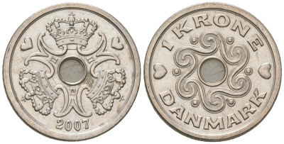 Дания 1 крона 2007 сердце, Маргрете II (1972-) KM 873 медно-никель aUNC 4561-521