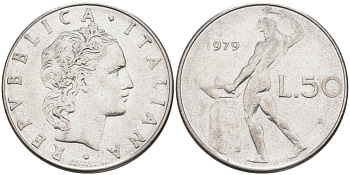 Италия 50 лир 1979 R, Бог огня Вулкан у наковальни KM 95.1 нержавеющая сталь 4525-1017