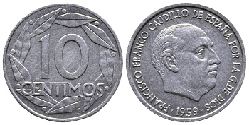 Испания 10 сентимо 1959 Франсиско Франко (1939-1975) KM 790 алюминий 76-1214