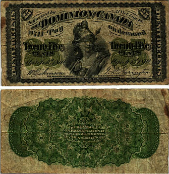 КАНАДА 25 ЦЕНТОВ 1870 DOMINION OF CANADA, БРИТАНИЯ, БЕЗ БУКВЫ, BABNC Pick 8а бумага 7221-47-2-2