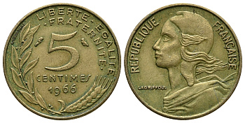 ФРАНЦИЯ 5 САНТИМОВ 1966 ТИП MARIANNE KM 933, LE FRANC 125.2 алюминиевая бронза 54-1026